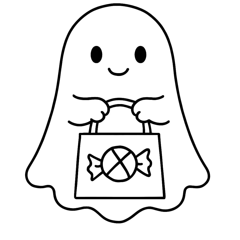 Outline drawing of a friendly ghost holding a small candy bucket