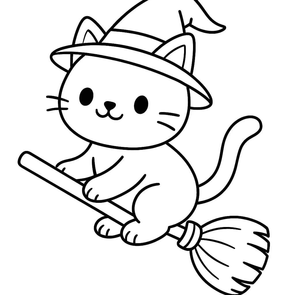 Easy outline of a cute cat wearing a witch hat on a broomstick, designed for preschoolers