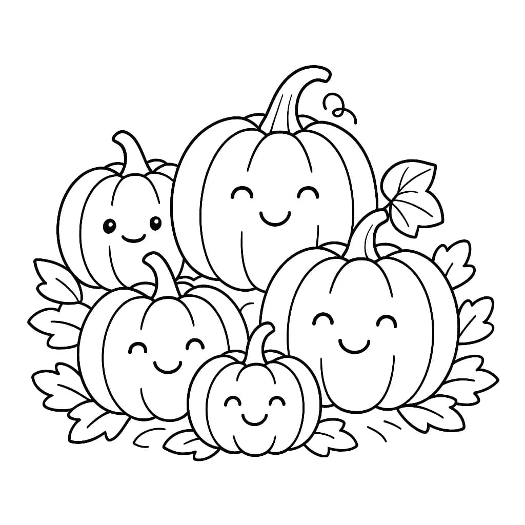 Easy coloring page with cute smiling pumpkins in a patch, simple lines and large spaces.