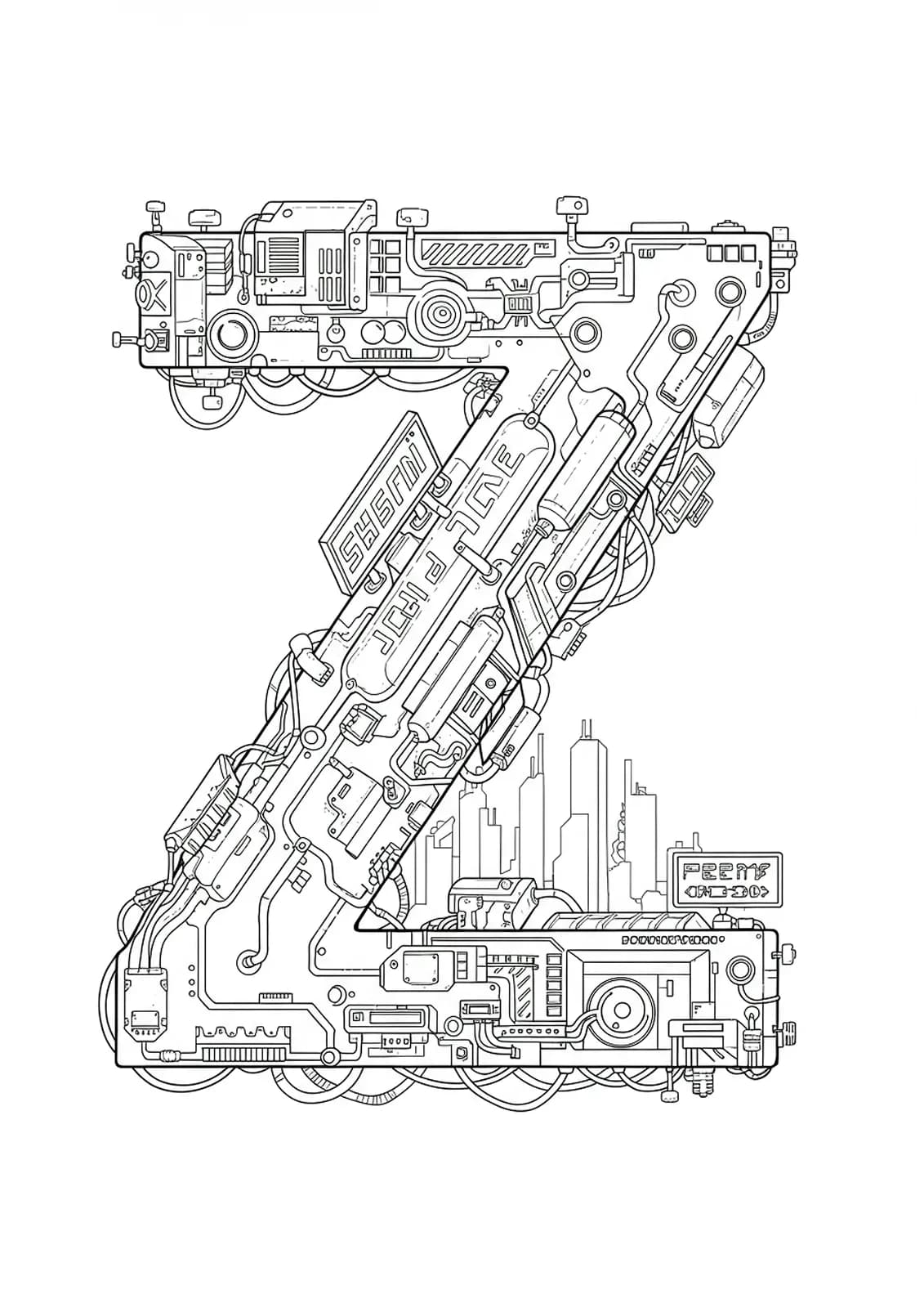 Letter Z with cyberpunk neon elements, wires, and futuristic cityscape, hard coloring page for teens.