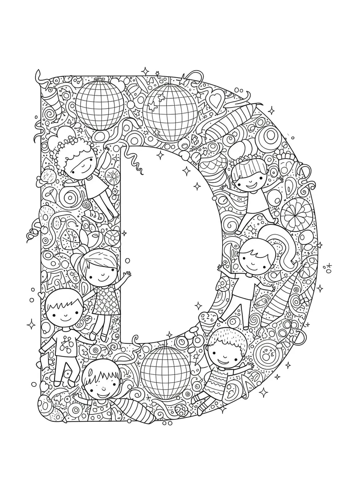 Letter D with dancing children, disco balls, music notes, and detailed party decorations for preschool coloring.