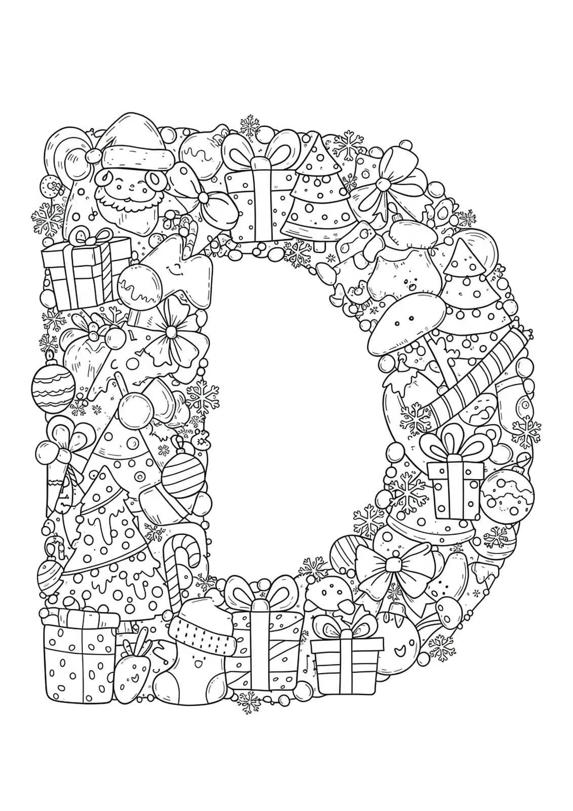 Letter D decorated with Christmas trees, ornaments, and snowflakes in detailed patterns for preschool coloring.
