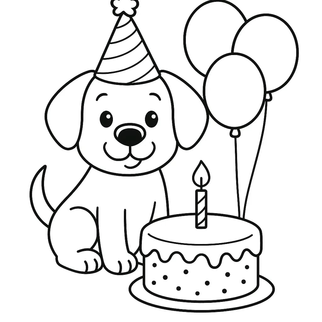 A dog with a party hat, balloons, and a birthday cake on a table.
