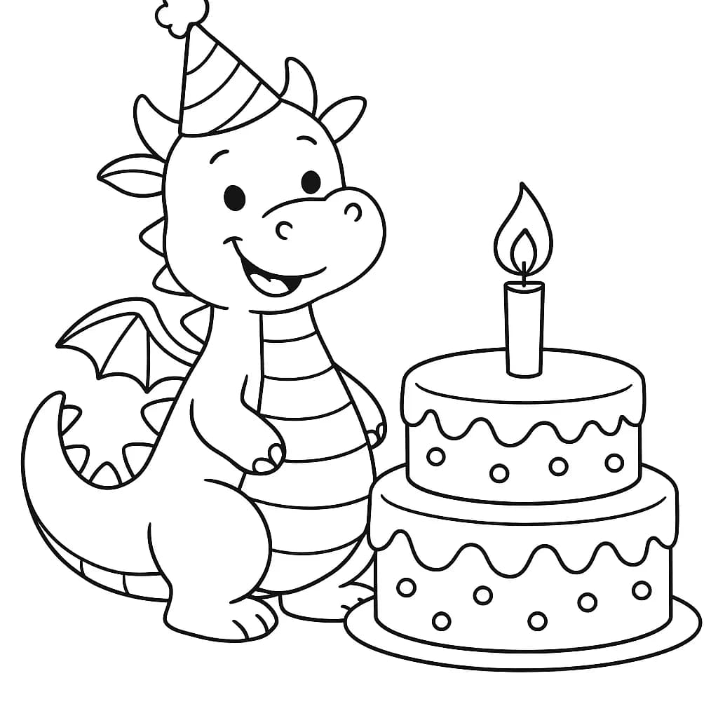 Simple coloring page with a smiling dragon wearing a party hat next to a birthday cake, easy for preschoolers.