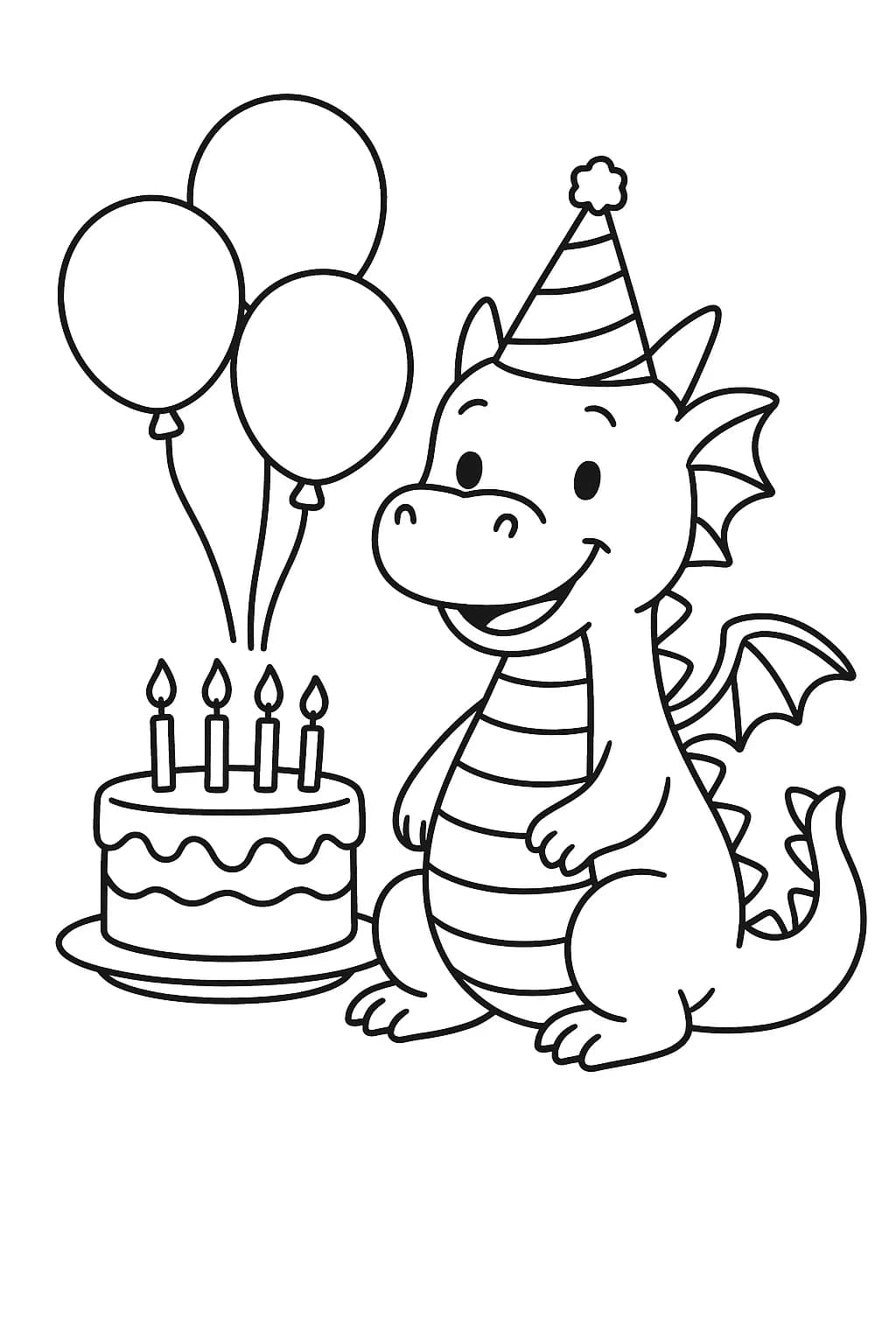 Simple coloring page with a cheerful dragon wearing a party hat next to a big birthday cake and balloons.