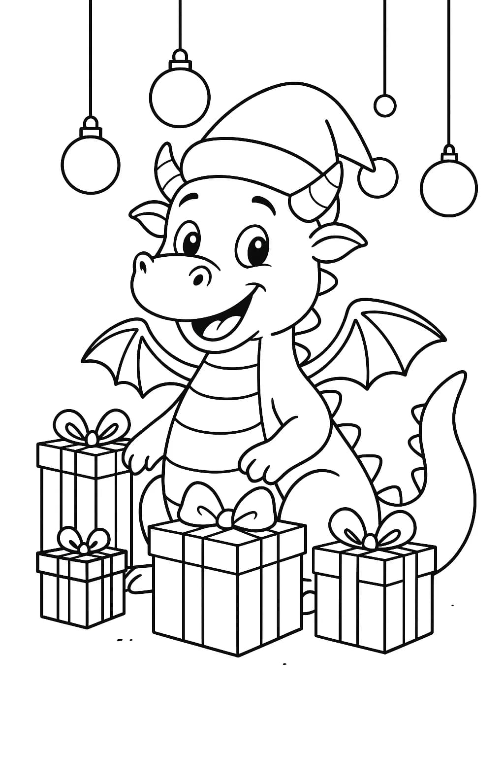 Simple dragon wearing a Santa hat surrounded by gifts and ornaments, designed for easy coloring.