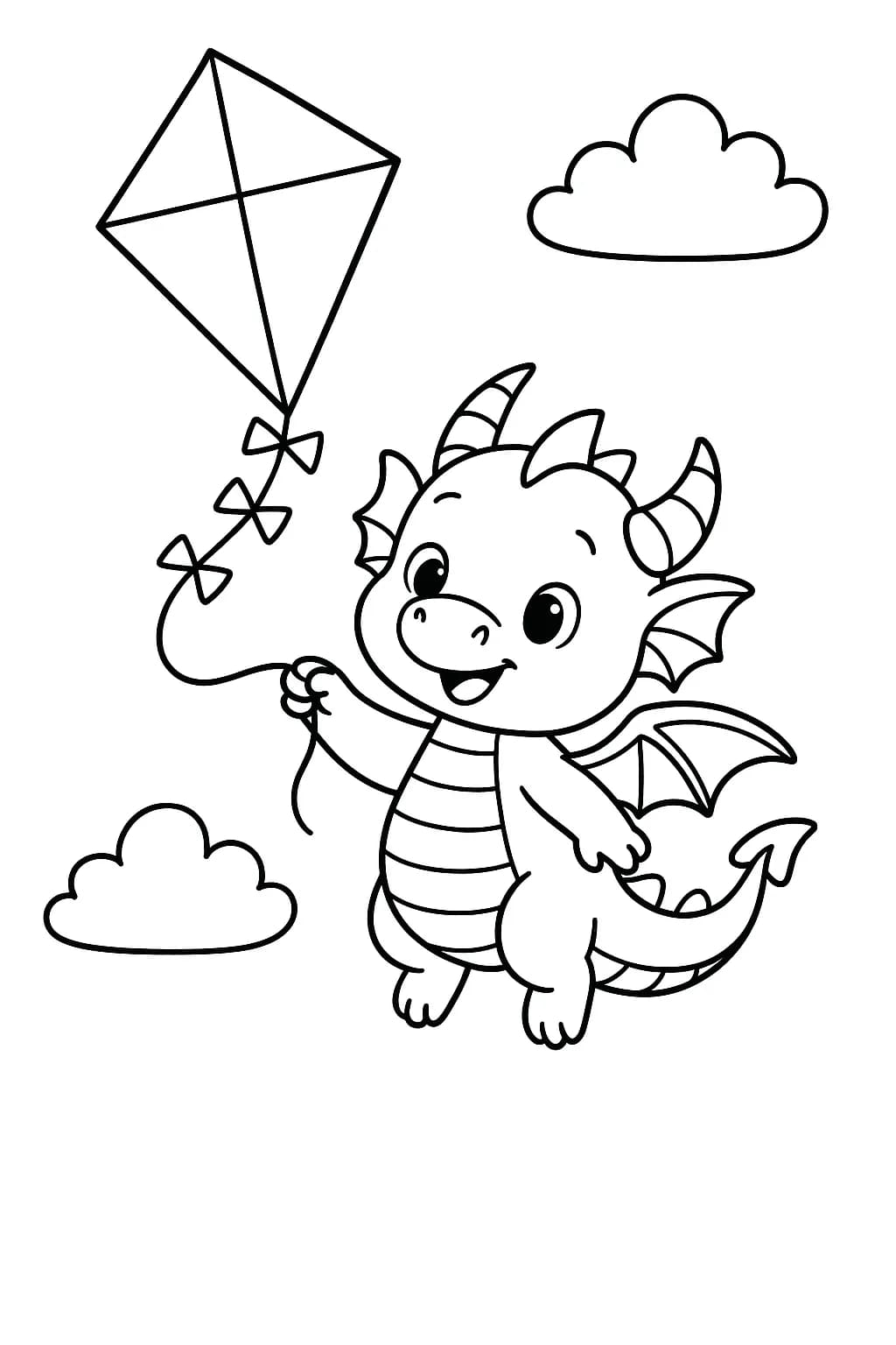 Simple coloring page of a smiling dragon holding a string and flying a large diamond-shaped kite.