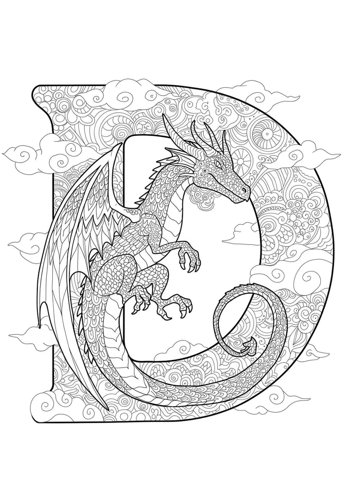 Letter D entwined with a detailed dragon, clouds, and fantasy patterns for preschool coloring.