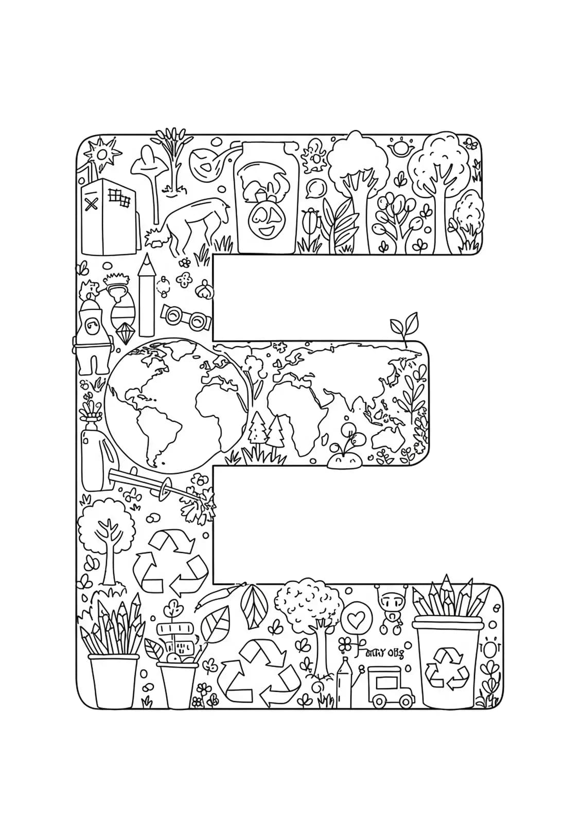 Earth Day themed coloring page with globe, recycling, trees, and the letter E for elementary children.