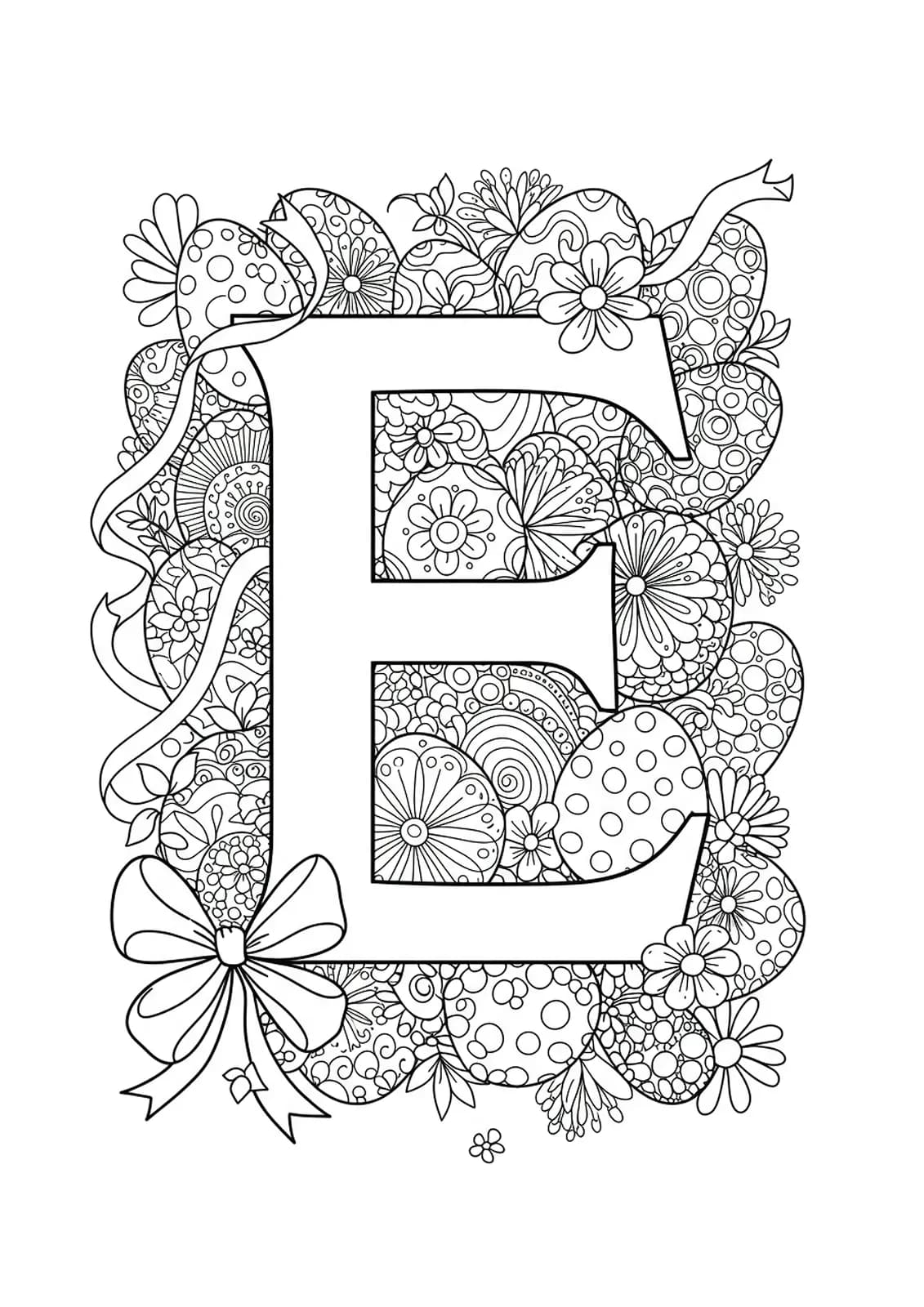 Intricate line art of letter E with decorative Easter eggs, detailed patterns for hard preschool coloring