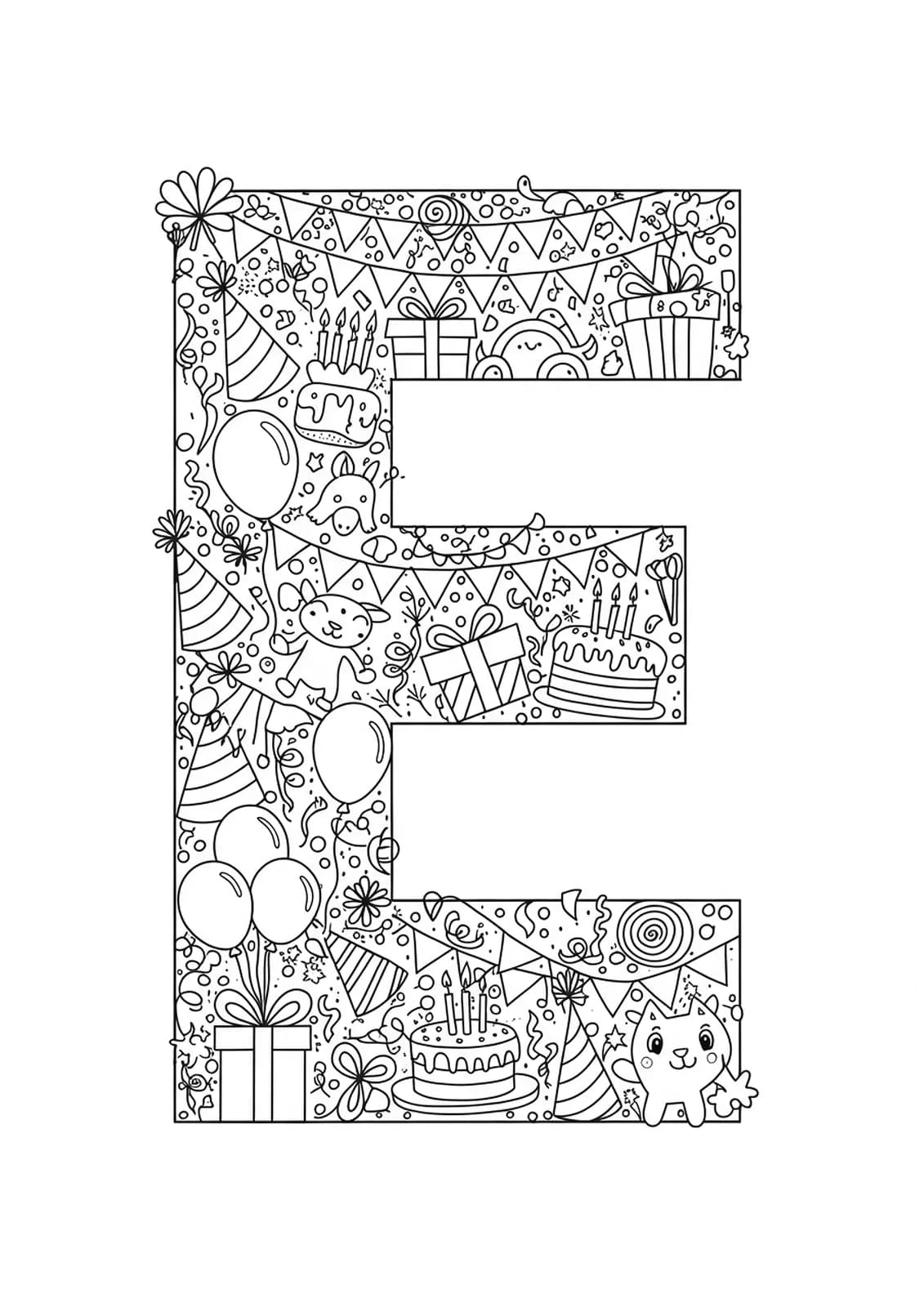 Detailed black and white line drawing of the letter E with party decorations, cakes, and balloons