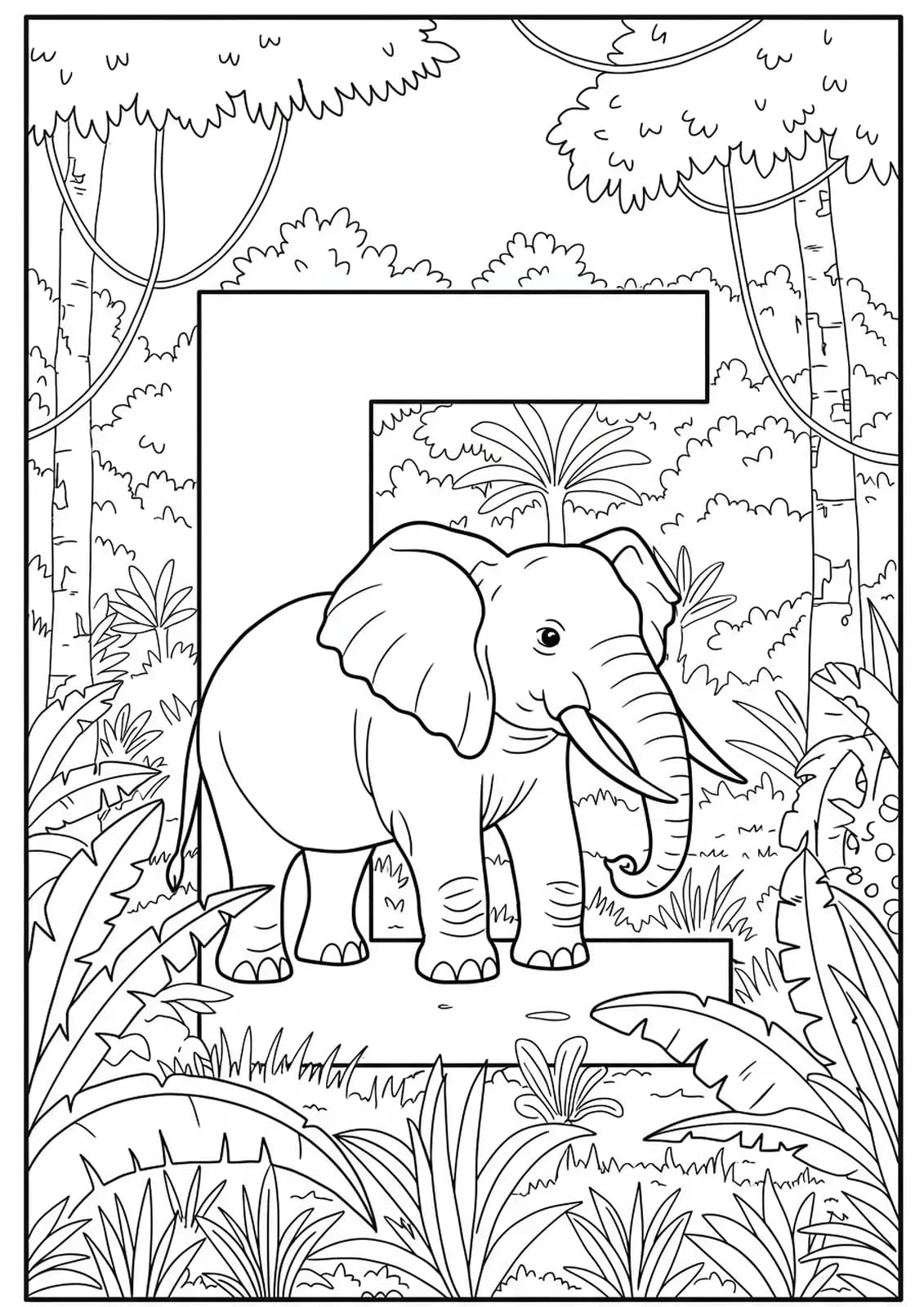 Printable coloring page of the letter E with an elephant in a jungle setting for elementary kids.
