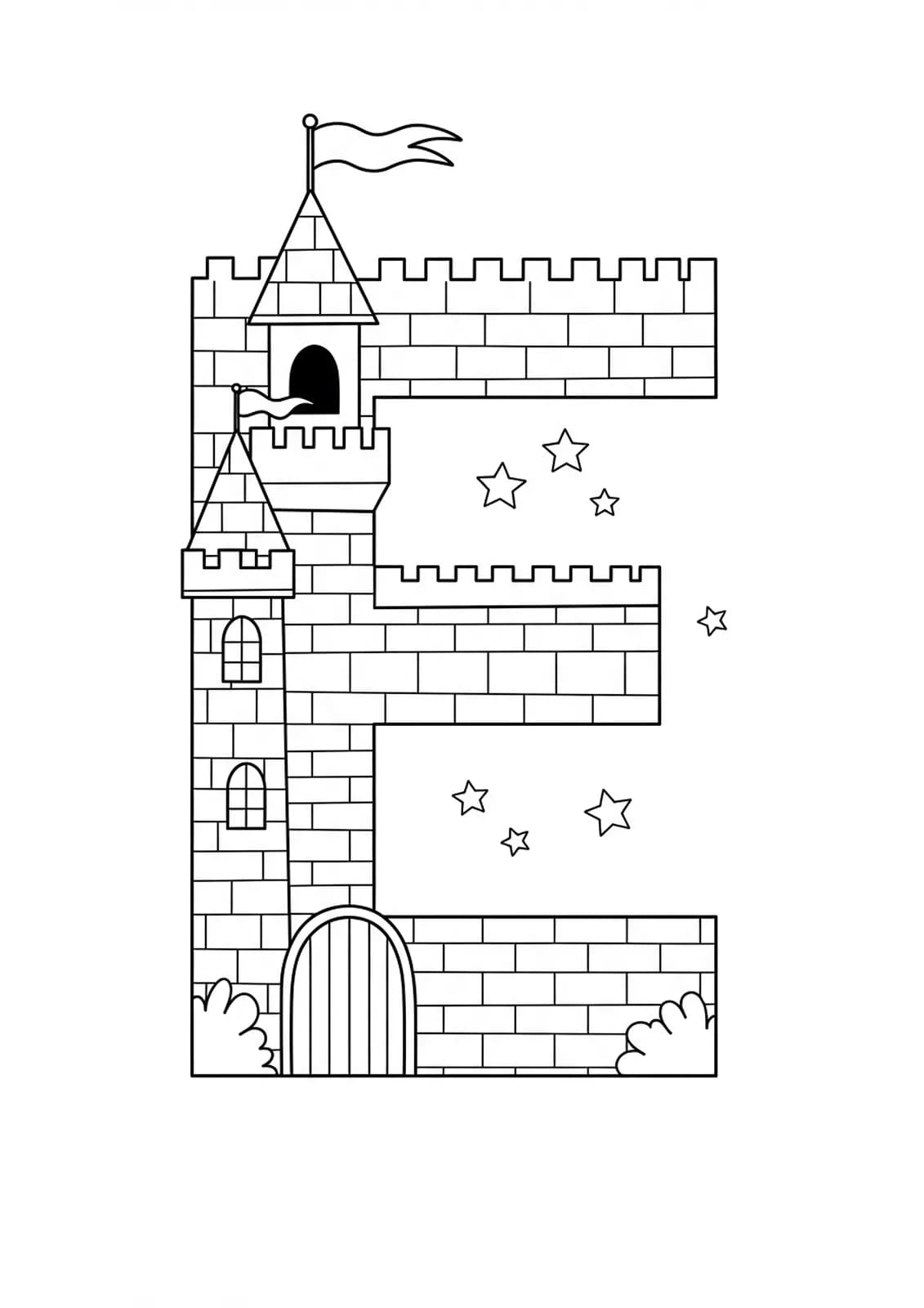 Complex line art of the letter E with an enchanted castle, towers, and stars, for preschool coloring