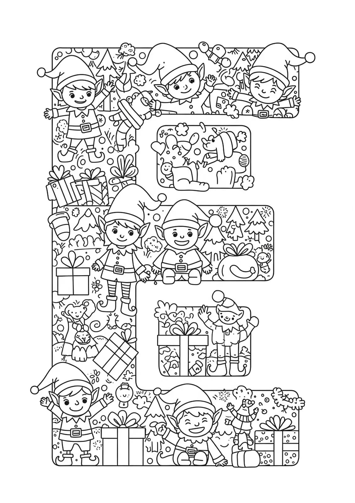Intricate line illustration of the letter E with several playful elves and detailed accessories