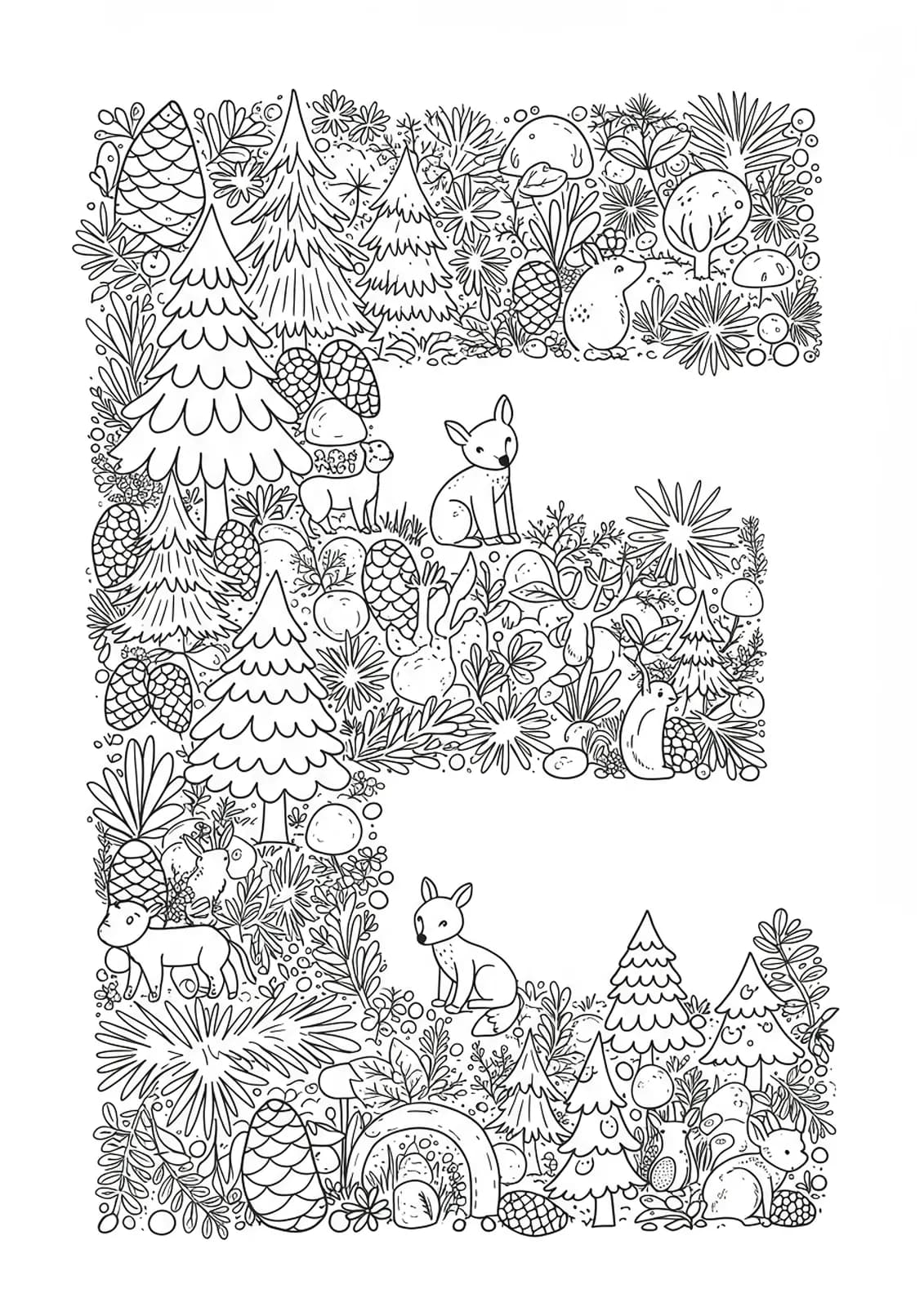 Intricate line drawing of the letter E surrounded by evergreen trees, pine cones, snowflakes, and animals