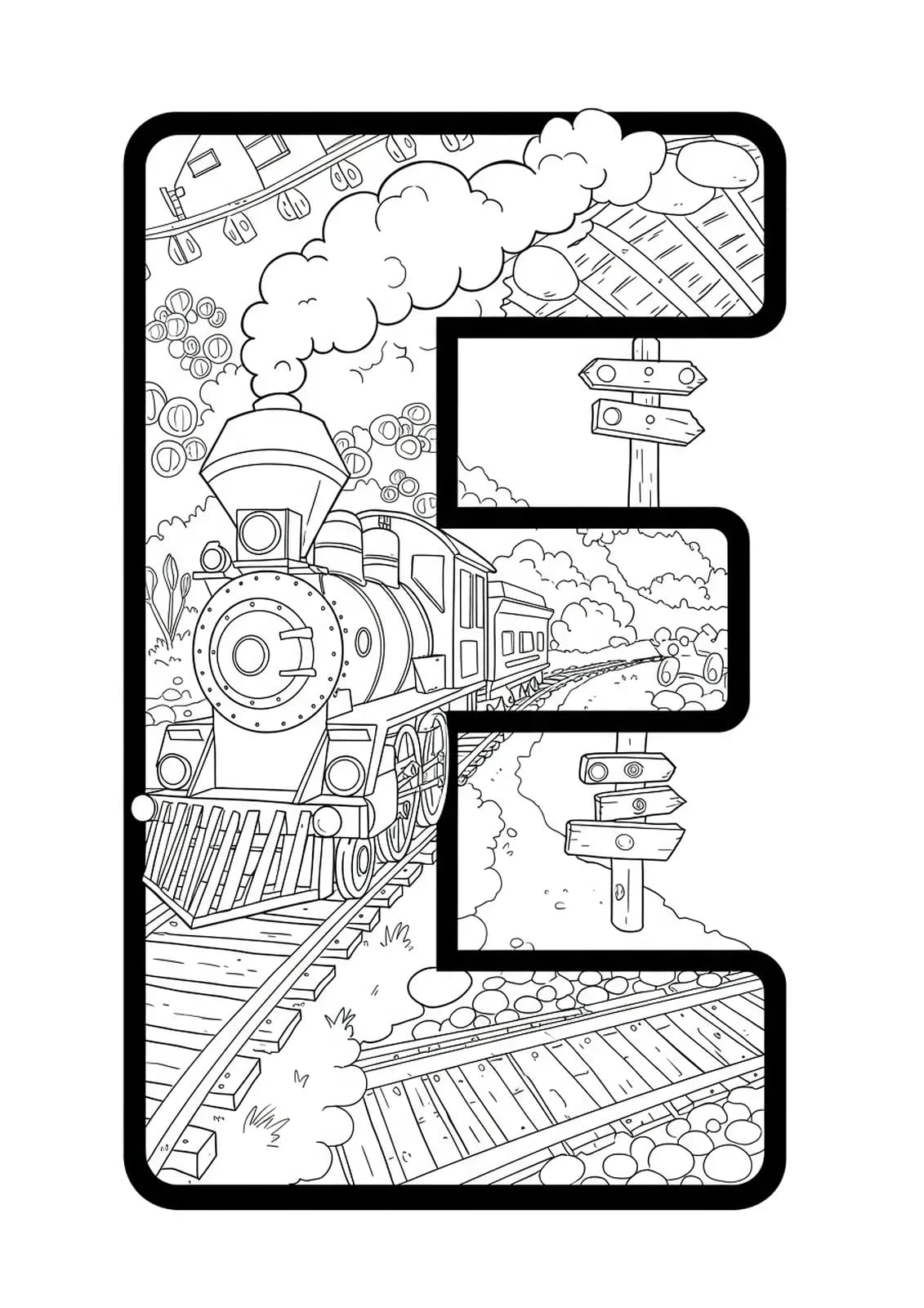 Detailed line drawing of the letter E combined with a complex train engine, tracks, and railway details