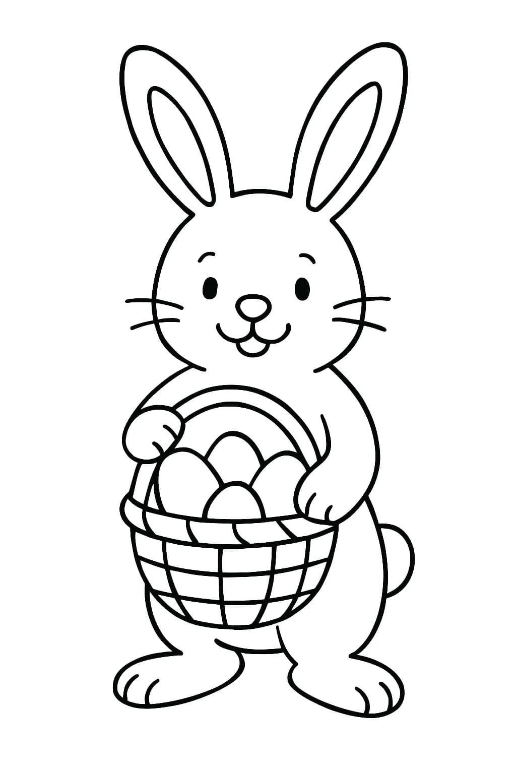 Simple line art of a smiling Easter Bunny holding a basket filled with eggs.