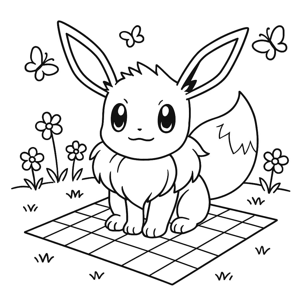 Eevee sitting on a picnic blanket with flowers and butterflies around in a spring meadow