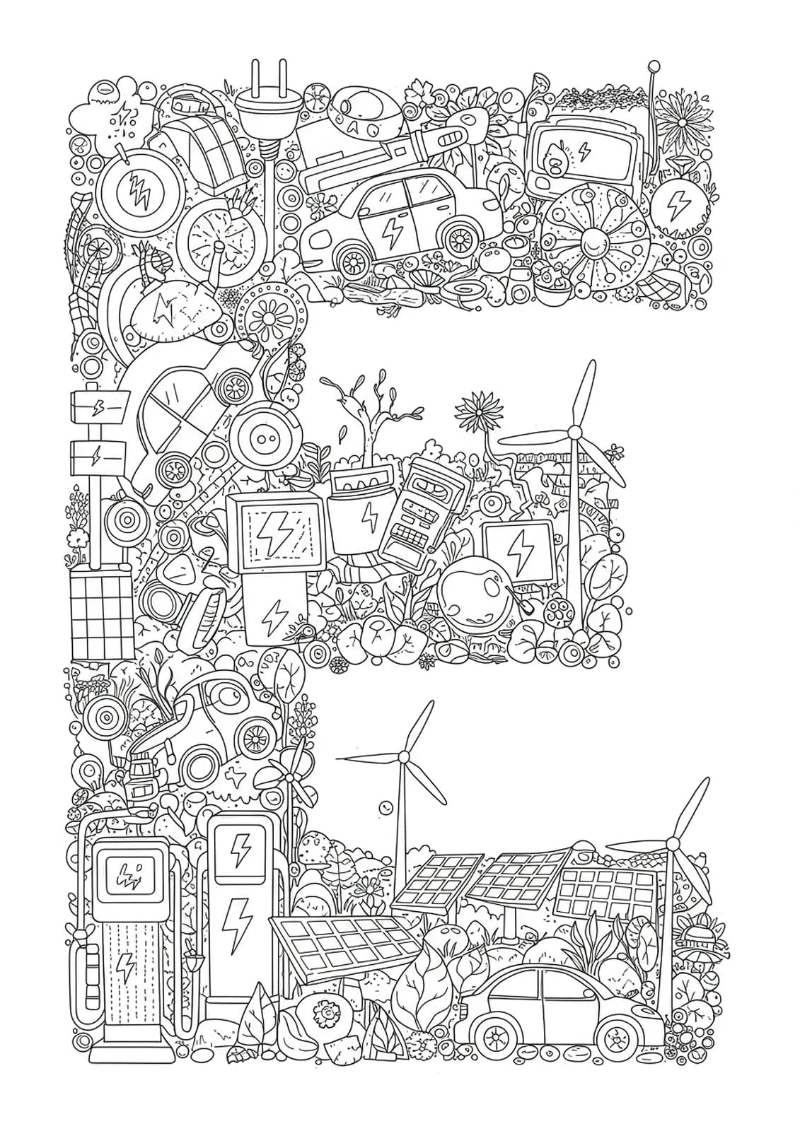 Letter E decorated with electric cars, charging stations, wind turbines, and solar panels, all in intricate detail.