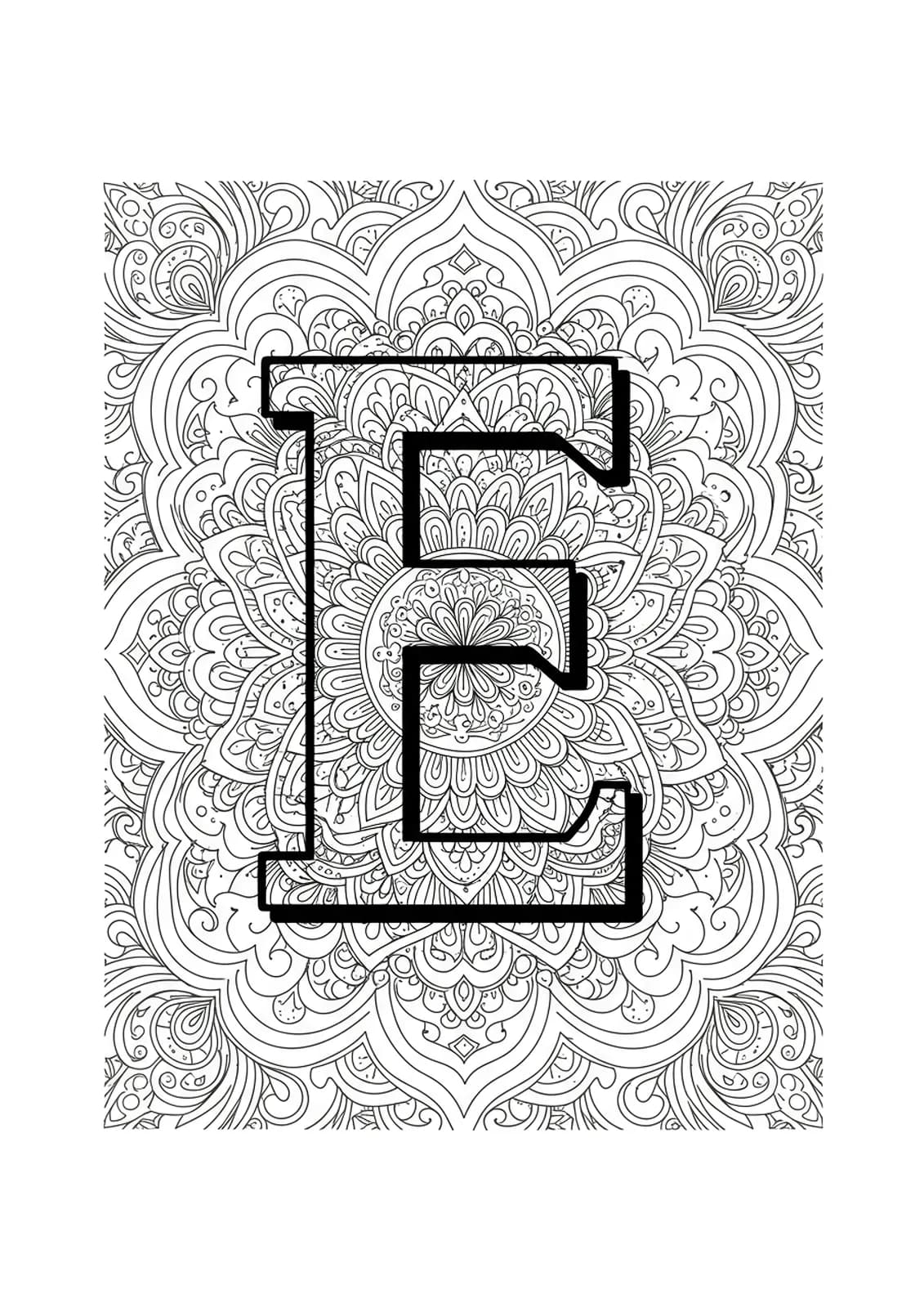 Simple mandala design with the letter E in the center, easy outline for adults