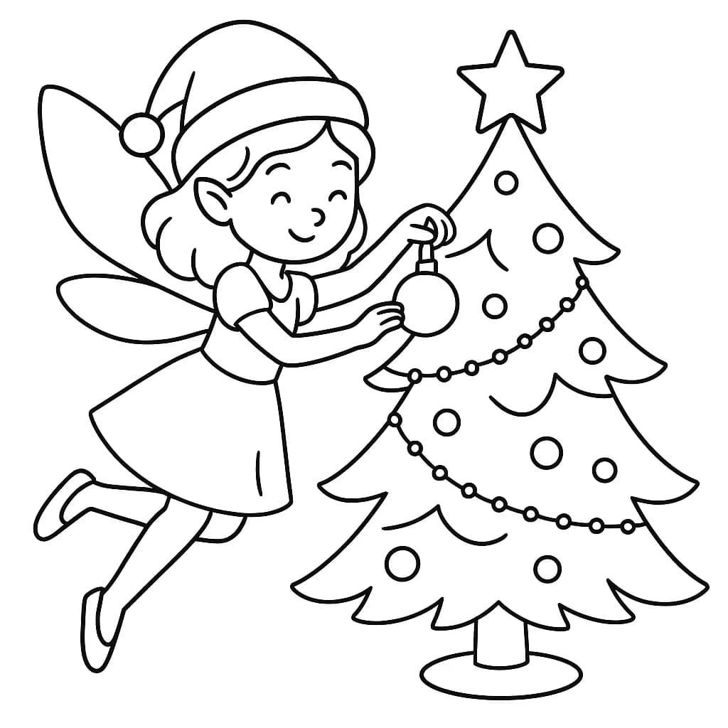 Easy coloring page of a Christmas fairy decorating a tree for elementary children