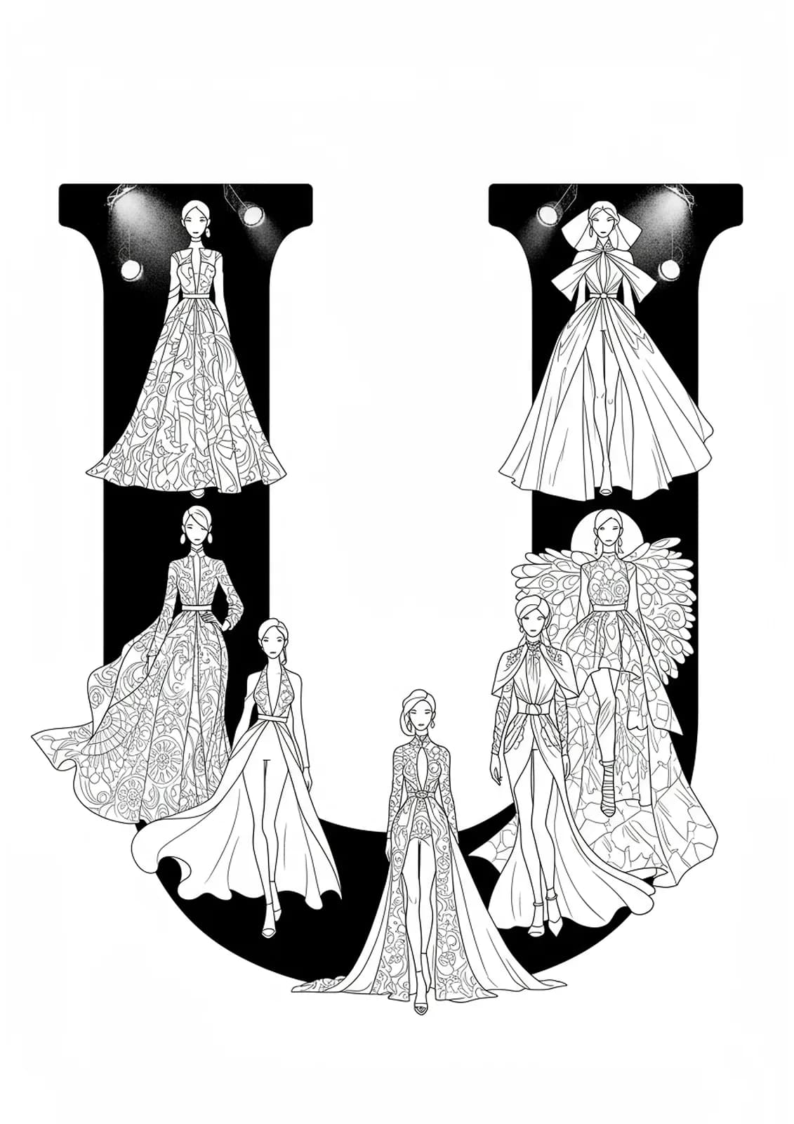 Letter U filled and bordered with detailed models, fabric textures, and runway lights for a high-fashion teen coloring experience.