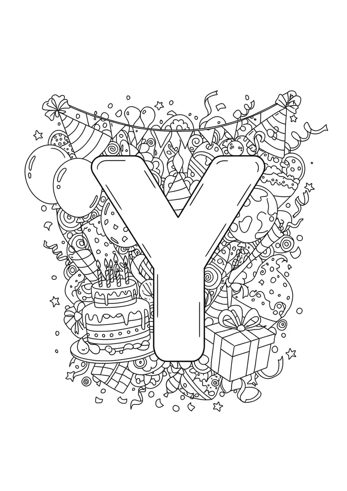 A hard coloring page featuring the letter Y at the center of a birthday party scene with balloons, cake, and presents.