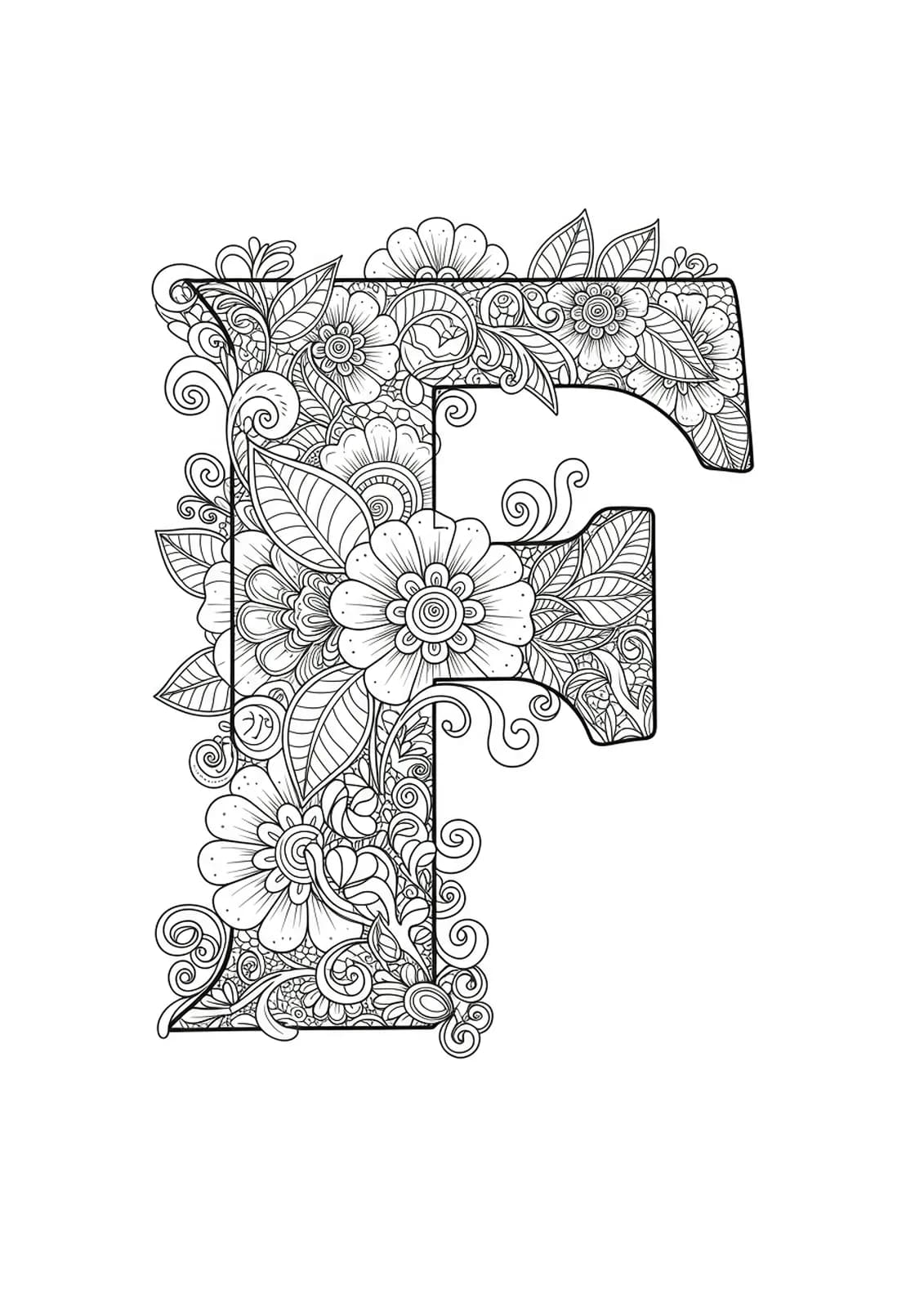 Intricate mandala flower patterns woven around the letter F for adult coloring.