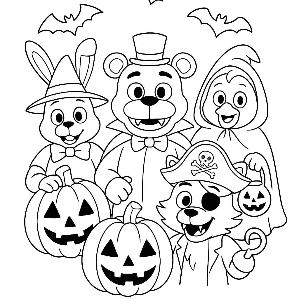 Simple FNAF characters in Halloween costumes with pumpkins and bats to color.