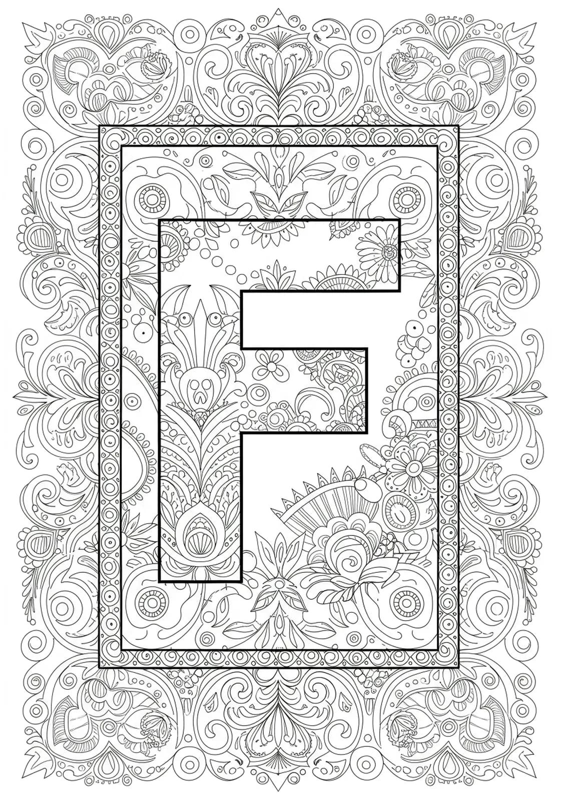 Letter F with detailed folk art motifs and symmetrical festive patterns.
