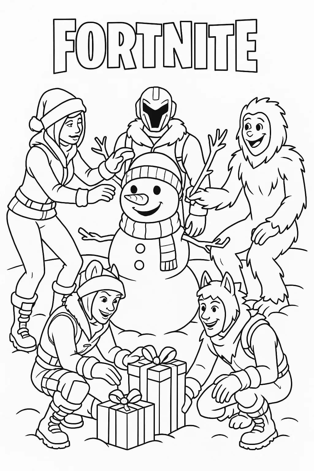 Fortnite characters in winter clothing building a snowman with presents around, easy coloring page.