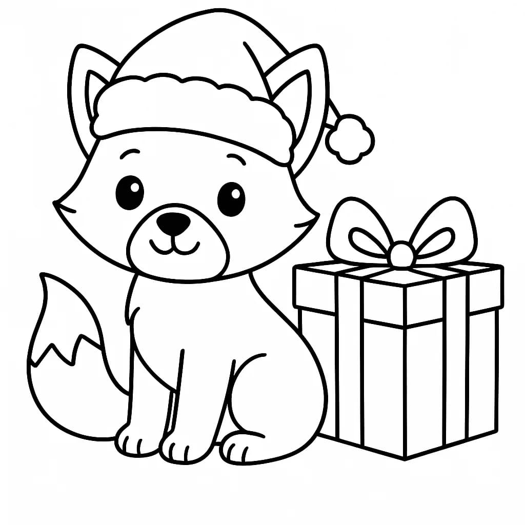 Outline drawing of a fox in a Santa hat next to a Christmas present, easy for preschool coloring.
