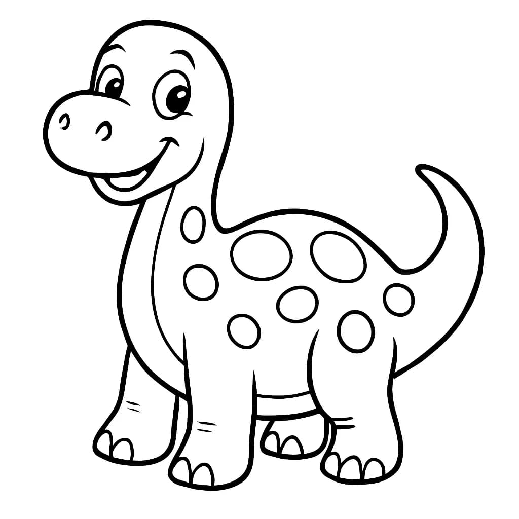 Simple cartoon dinosaur with a big smile and large spots, easy for preschool coloring.