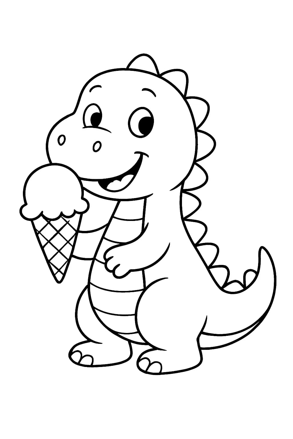 Easy line art of a friendly dinosaur holding a big ice cream cone, suitable for preschoolers.