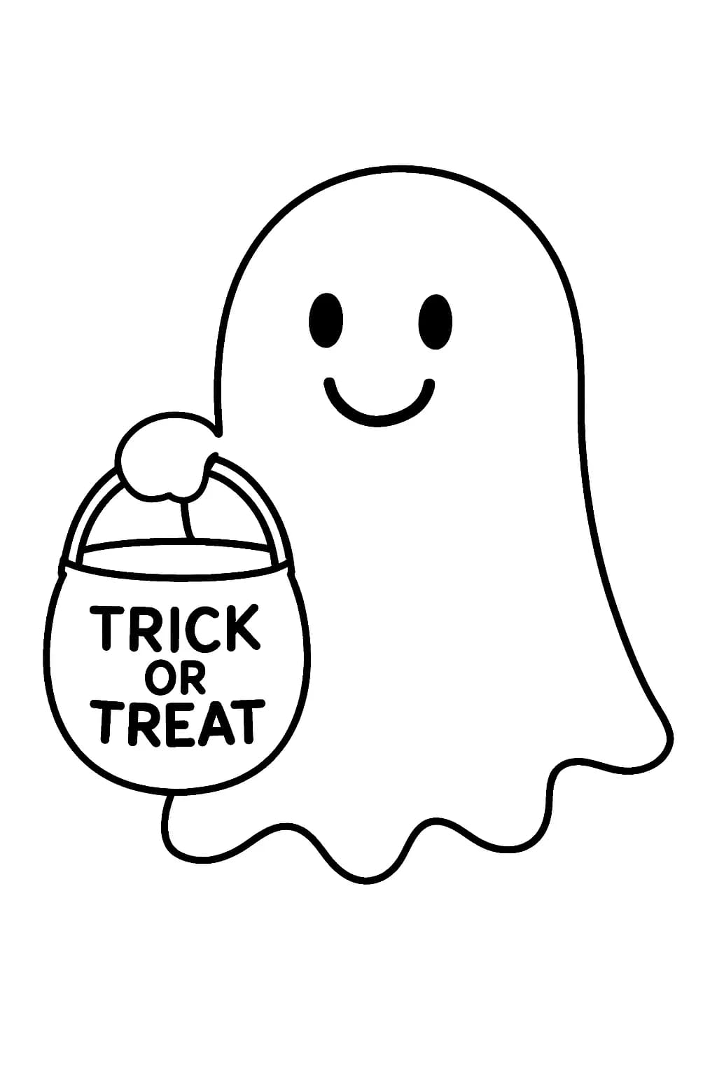 Simple line art of a smiling ghost holding a trick-or-treat bucket, easy for preschool coloring