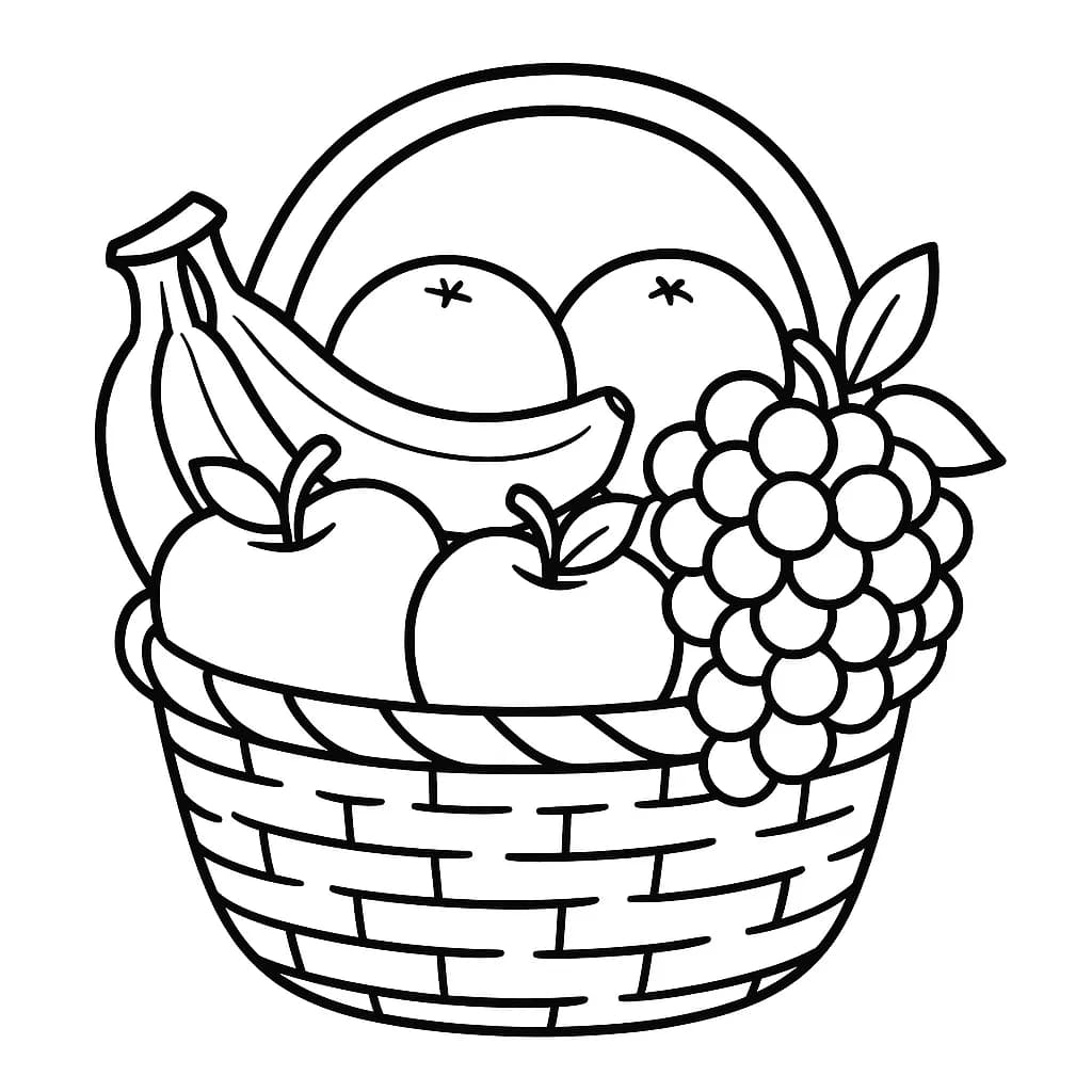 Simple fruit basket filled with apples, bananas, grapes, and oranges, easy for elementary kids to color.