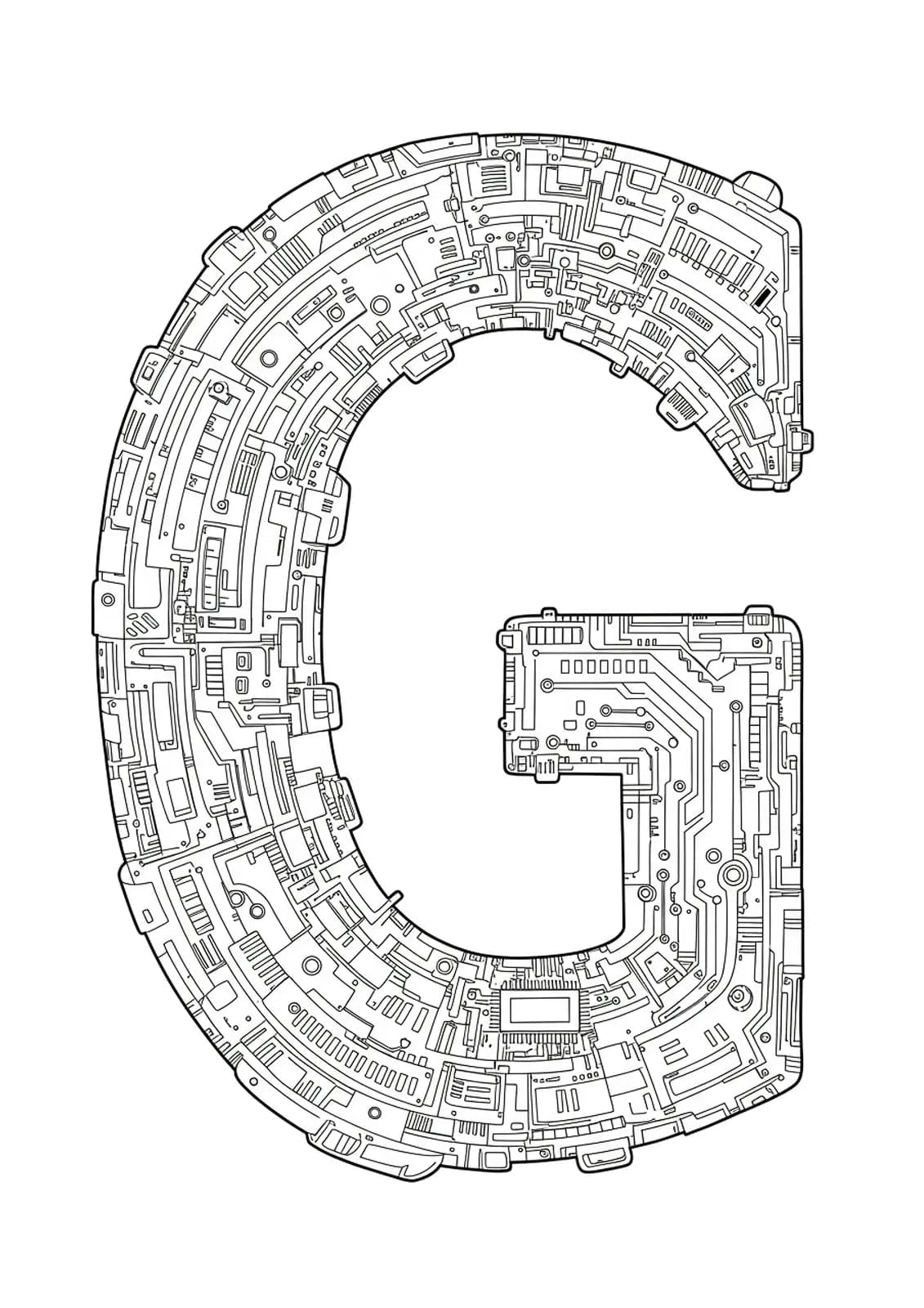 Highly detailed letter G filled with futuristic technology motifs, circuitry, and sci-fi patterns for adults.