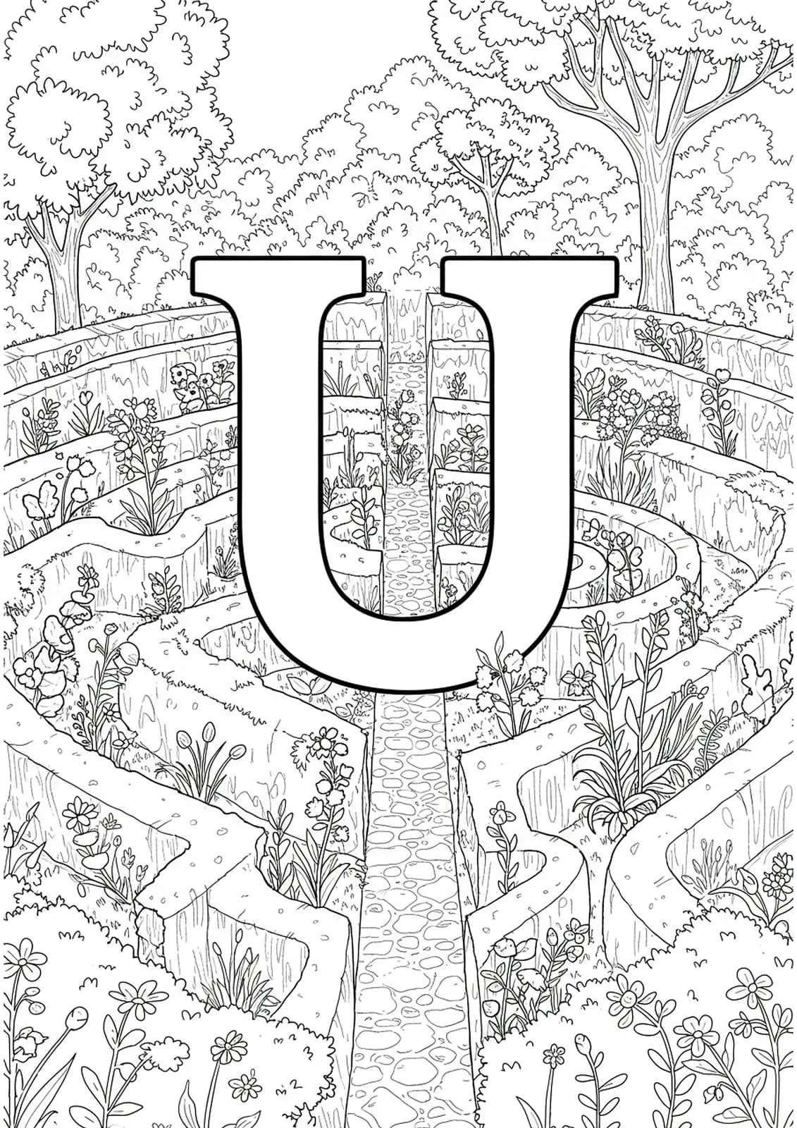 Letter U in the center of a garden maze with hedges, flowers, and winding paths for teen coloring.