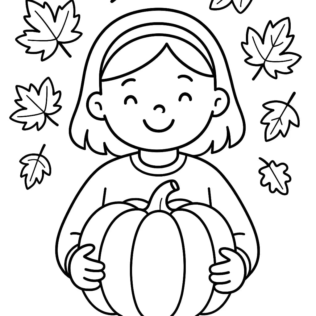 Coloring page of a girl holding a pumpkin with leaves around her, designed for preschoolers.
