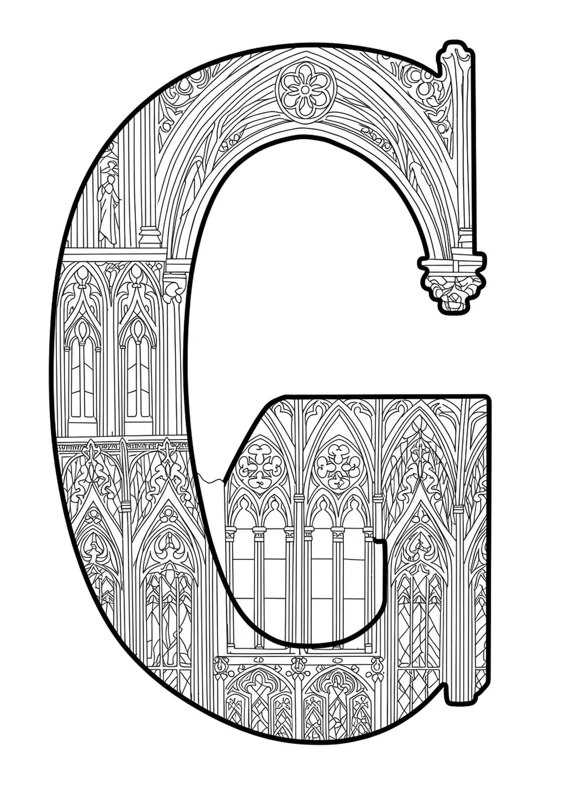 Intricate letter G filled with detailed Gothic architecture patterns and motifs for adults to color.