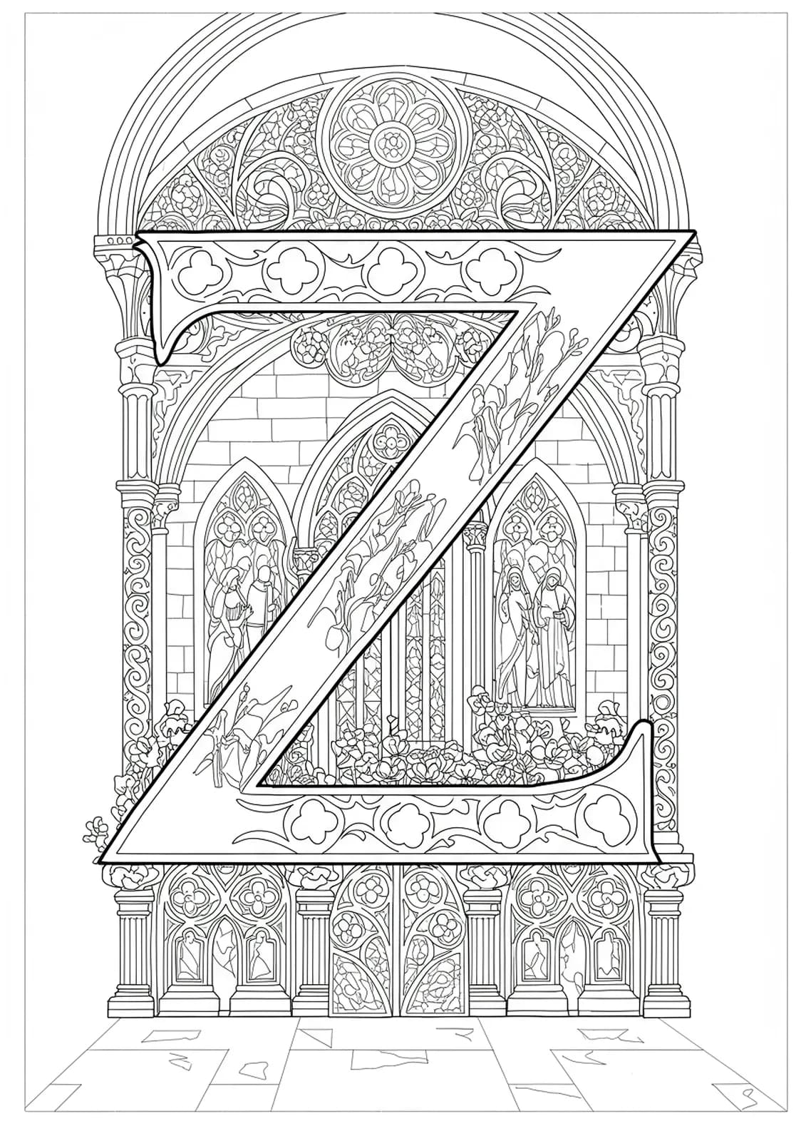 Ornate gothic architecture with arches and spires framing a letter Z, hard coloring page for teens.
