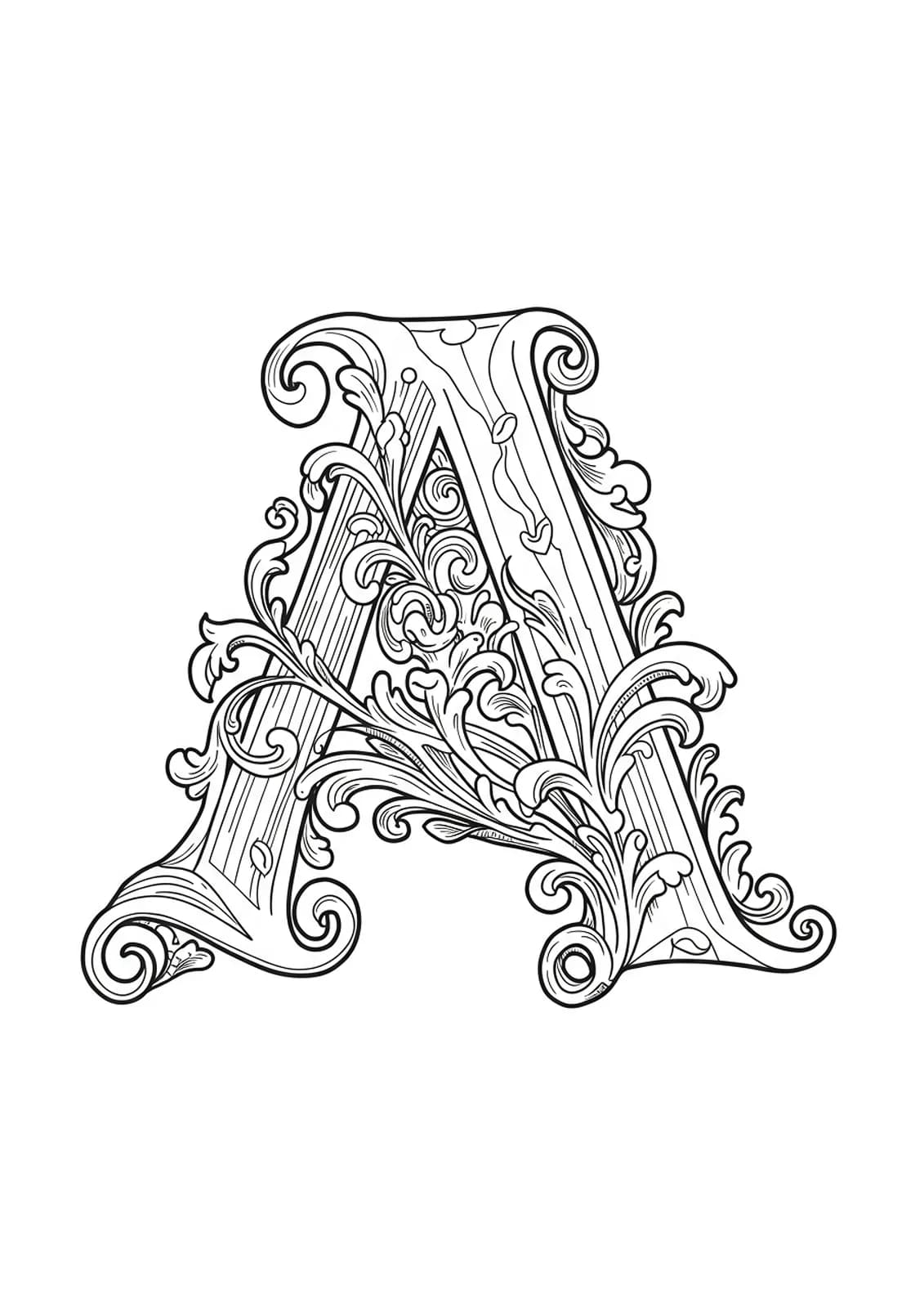 Gothic manuscript-style letter A with intricate flourishes and medieval patterns, hard adult coloring page.