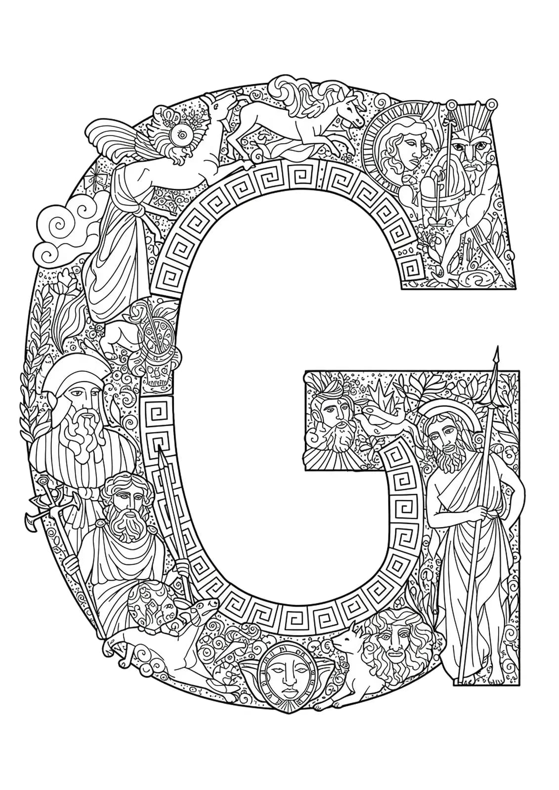 Letter G adorned with intricate Greek mythology symbols, gods, key patterns, and mythic creatures for adult coloring.