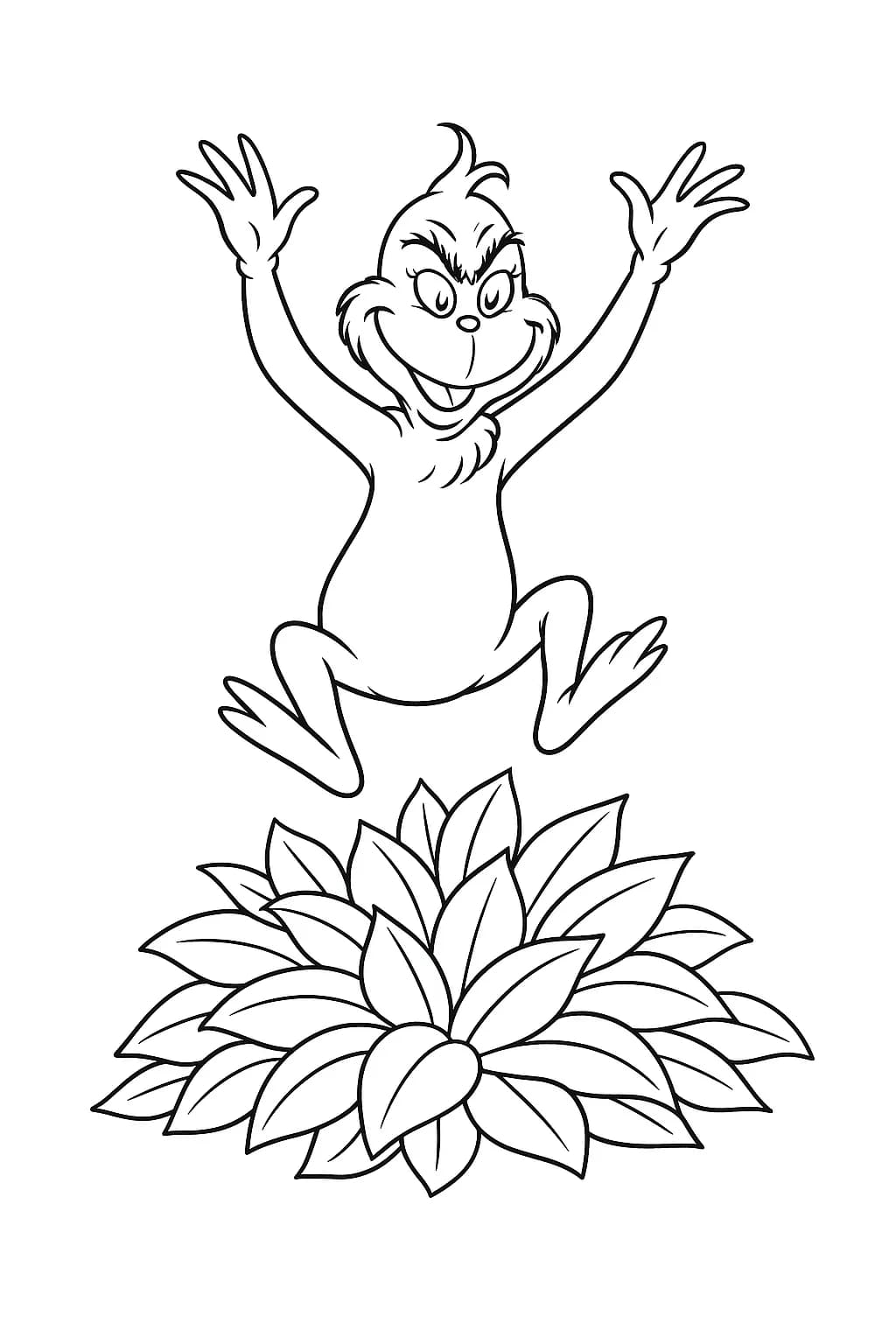 Simple coloring page of the Grinch jumping into a pile of large autumn leaves.