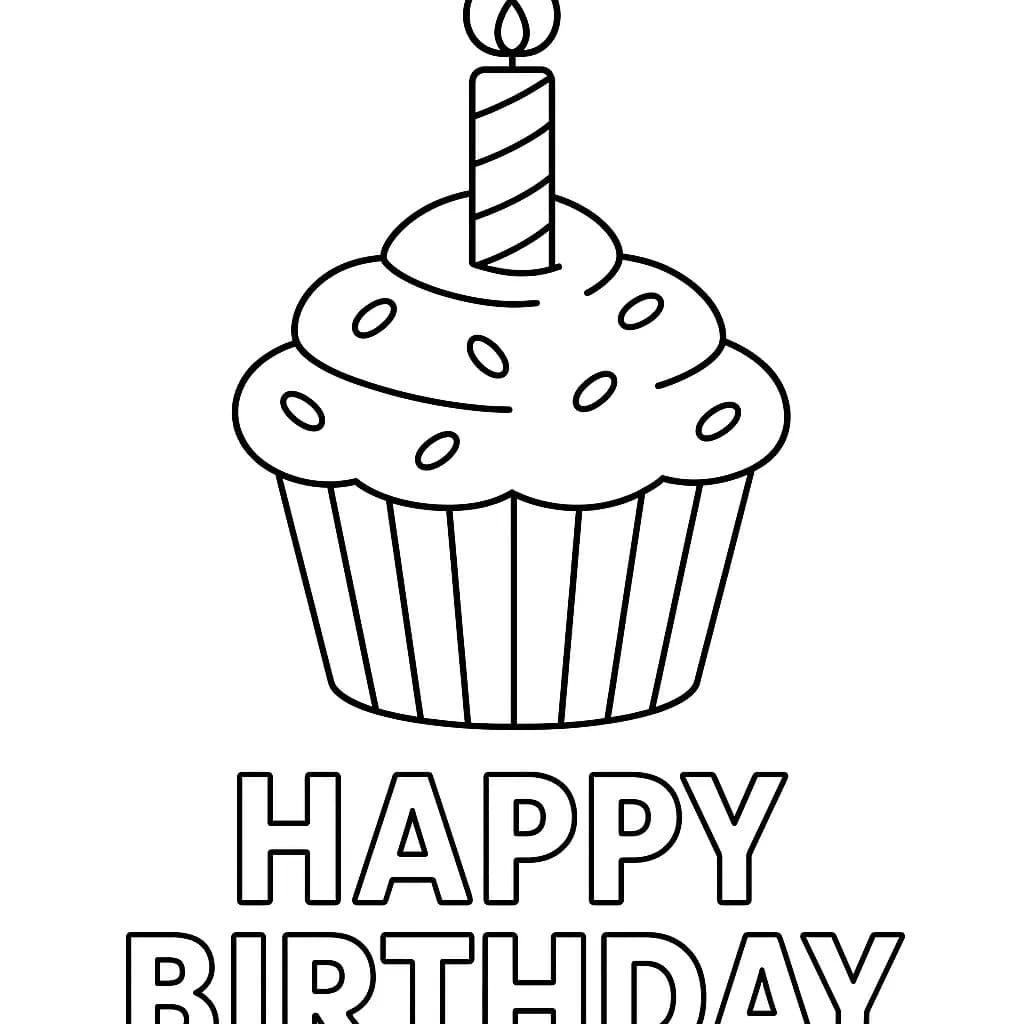 Easy coloring page with a big cupcake, candle, and Happy Birthday message, large areas to color.
