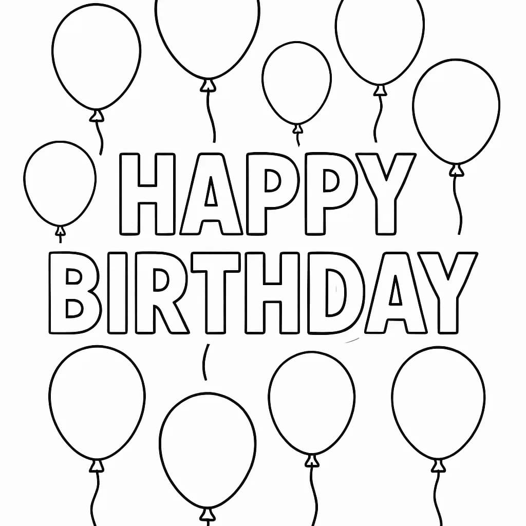 Simple coloring page with large balloons and Happy Birthday text, easy outlines for preschoolers.