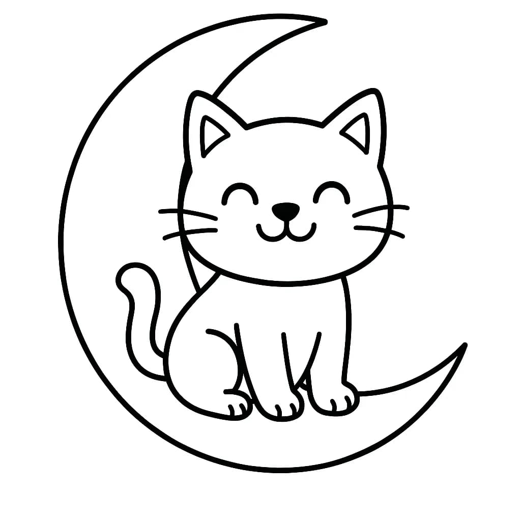 Cartoon black cat sitting on a crescent moon, simple and easy for preschool coloring.