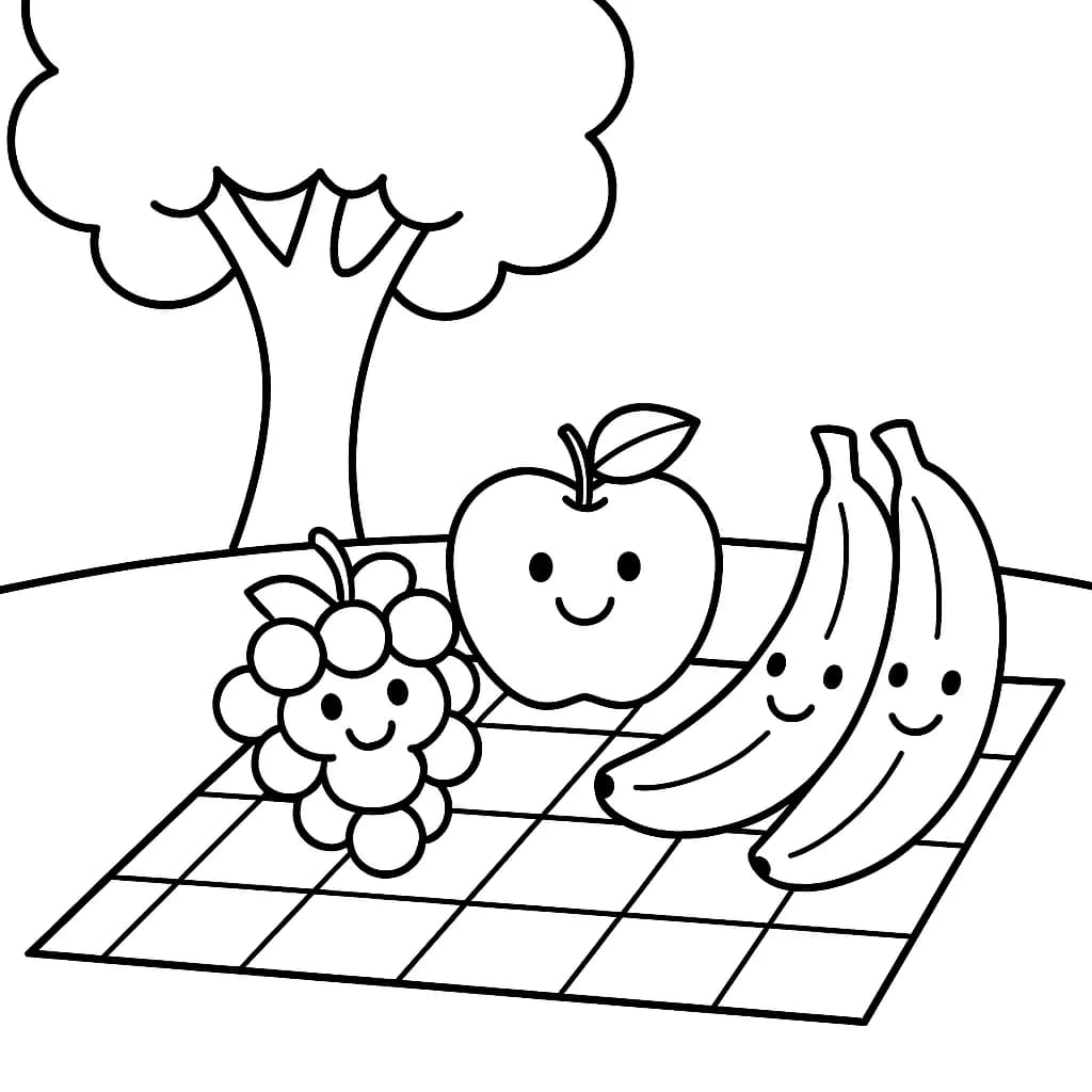 Simple coloring page showing big, smiling fruits on a picnic blanket with trees and sky.