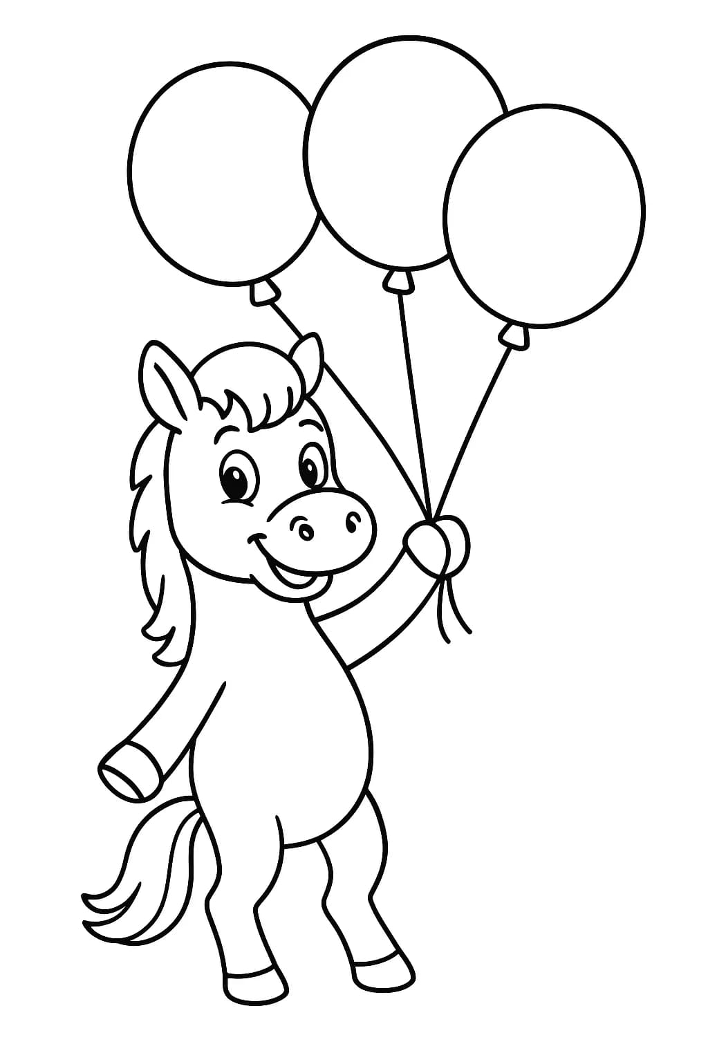 Simple line art of a smiling horse holding three large balloons, easy for preschoolers to color.