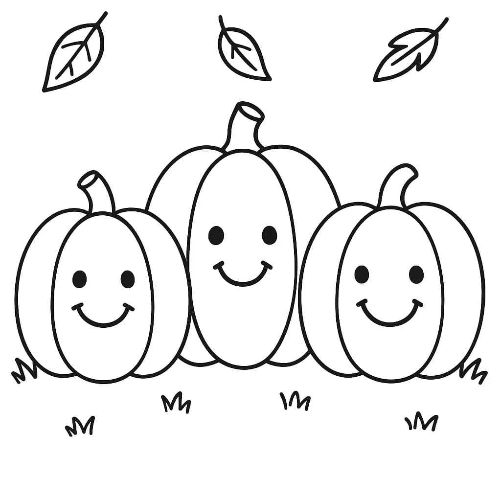 Easy outline pumpkin patch coloring page with smiling pumpkins for preschoolers.